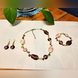 Necklace, earrings, bracelet set purple pink multi colors